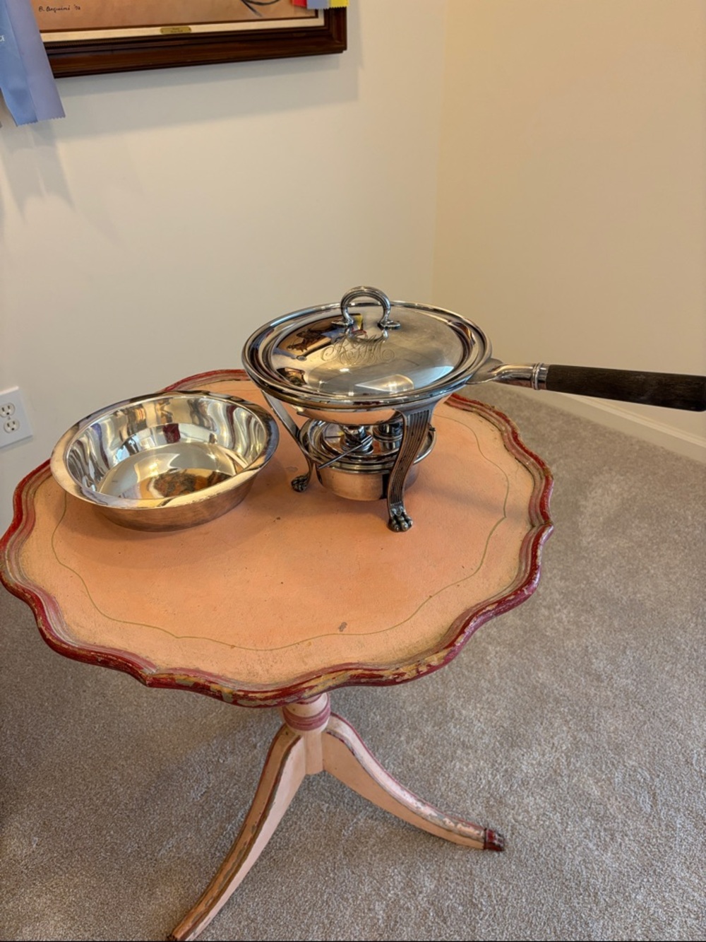 Antique Silver Fondue Warmer with Lid and Serving Bowl - Silver